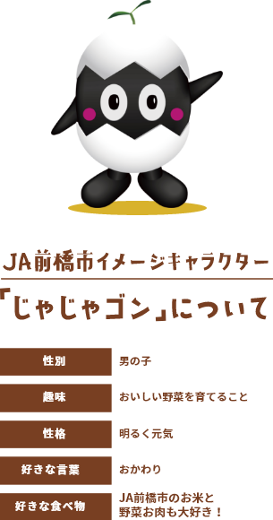 JA前橋市イメージキャラクター「じゃじゃゴン」について　【性別】男の子　【趣味】おいしい野菜を育てること　【性格】明るく元気　【好きな言葉】おかわり　【好きな食べ物】JA前橋市のお米と野菜お肉も大好き！